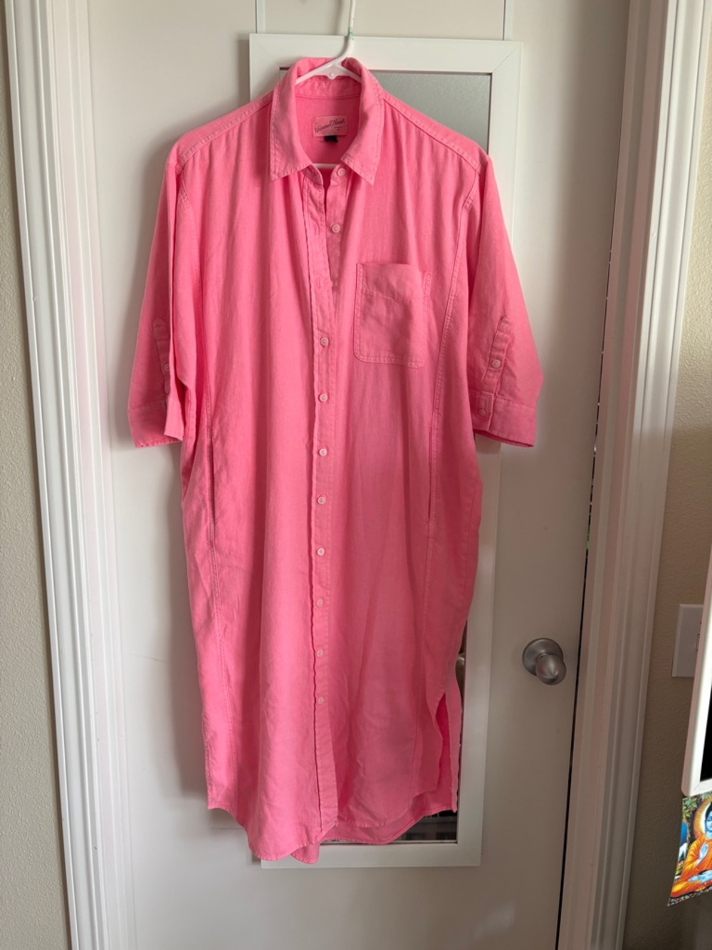 Short-Sleeve Button-Front Shirt Dress in Pink